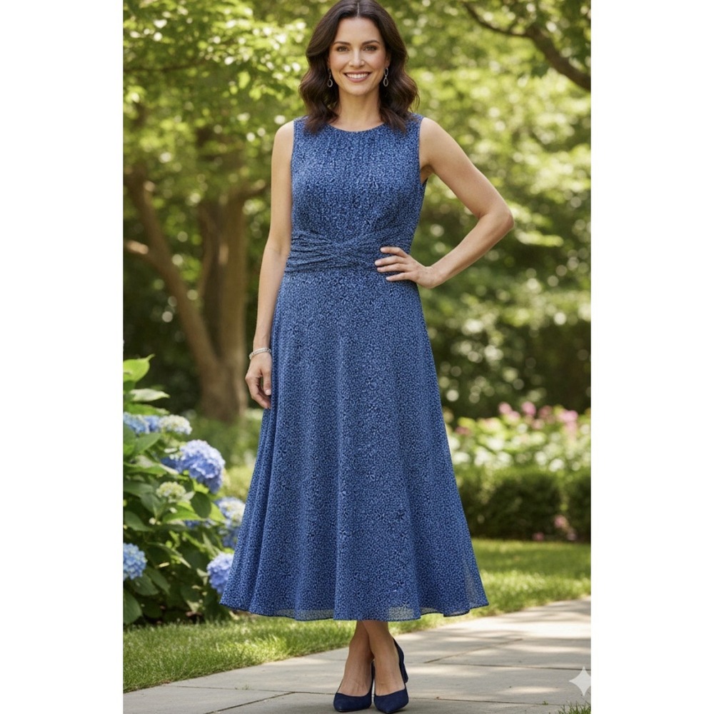 Talbots Size 8 100% Silk‎ Blue Sleeveless Floral Maxi Midi Dress